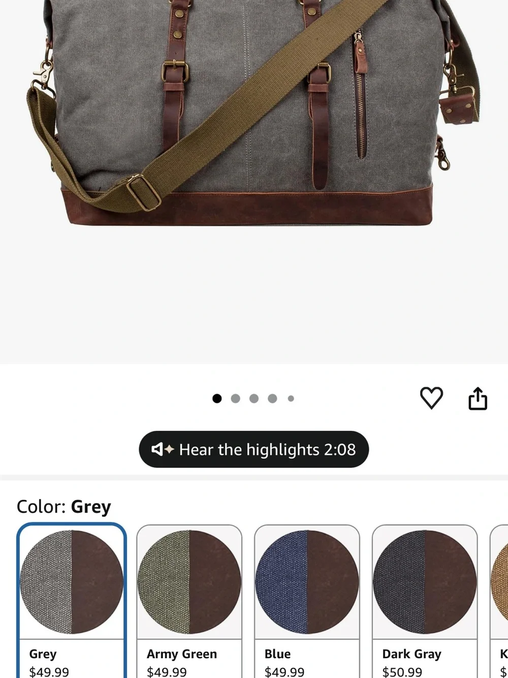 Gray Canvas Duffel Bag with Brown Leather Trim - Classic Travel Weekender